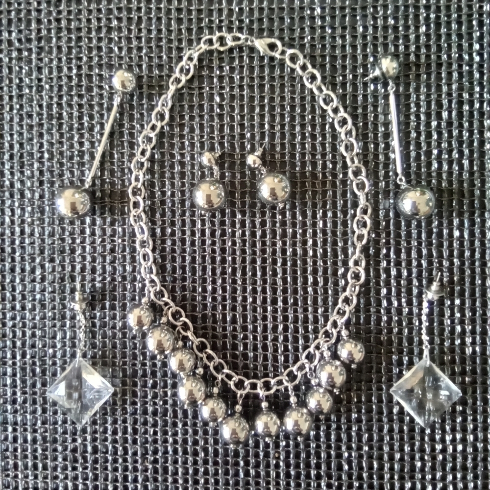 Silver Chrome Bead Ball Necklace Earrings Bundle